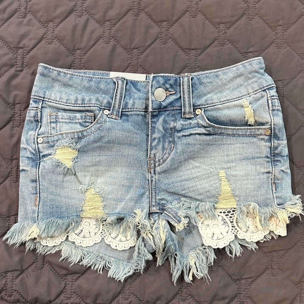 Daytrip Girls Light Blue Distressed Denim Shorts with Crochet Trim